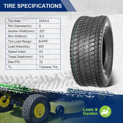 Image of MaxAuto 2Pcs 20x8-8 20x8x8 Lawn Mower Cart Turf Tires P332 4PR Load Range B