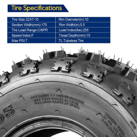 Image of MaxAuto Set of 4 Sport ATV Tires 22X7-10 20x10-9 Quad Tires all Terrain UTV Tires 6PR Tubeless 22X7x10 Front & 20x10x9 Rear Mud Tires