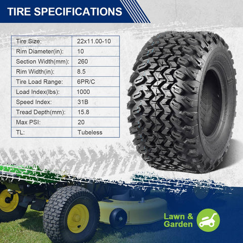 Image of MaxAuto 2 Pcs All Trail Tire 22x11.00-10 Lawn Mower Golf Cart Tire for Hilly Terrian 6Ply
