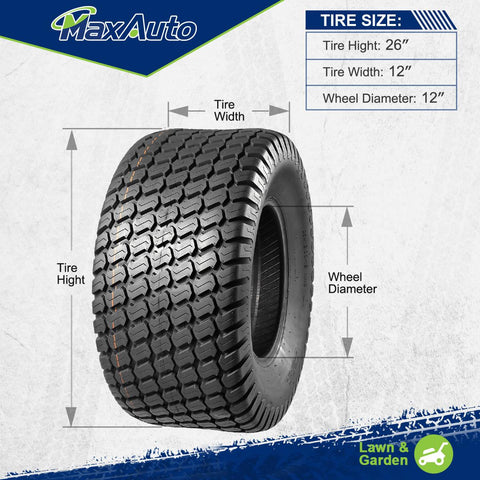 Image of Set of 2 MaxAuto 26x12-12 26x12x12 Turf Tires for Lawn & Garden Mower,4 Ply Tubeless