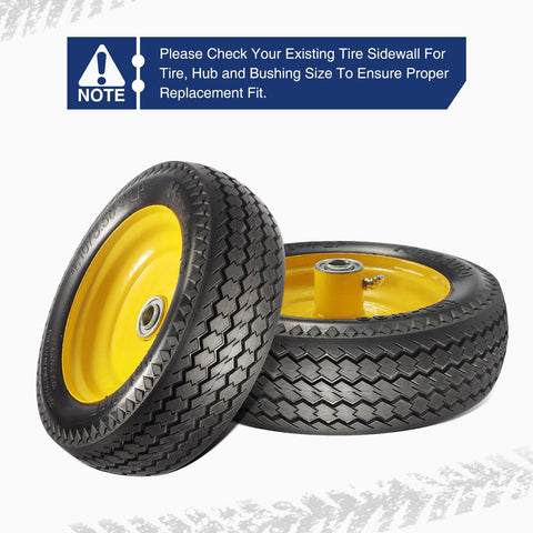 Image of MaxAuto 2 PCS 4.10/3.50-4" Flat Free Tire Fit Hand Truck All Purpose Utility Tire,2.25" offset Hub, 5/8" Bushings, Yellow Steel