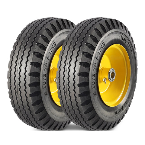 Image of MaxAuto 2 Pcs 4.10/3.50-6" Flat Free Tire, Hand Truck/All Purpose Utility Tire on Wheel, 3" Centered Hub, 3/4" Bearings, Yellow Steel