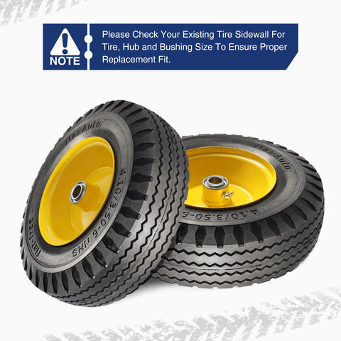 Image of MaxAuto 2 Pcs 4.10/3.50-6" Flat Free Tire, Hand Truck/All Purpose Utility Tire on Wheel, 3" Centered Hub, 3/4" Bearings, Yellow Steel
