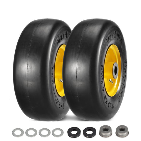Image of MaxAuto 2PCS 9x3.50-4" Flat Free Lawnmower Tire on Wheel, 3.5" Centered Hub, 3/4" Bushings(Universal Adapter Kit Include: 2pcs 5/8" Sintered Iron Bushings, 2pcs 1/4" Nylon Spacers, 4pcs Steel Washers)