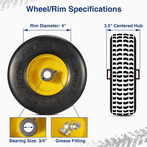 Image of MaxAuto 2PCS 9x3.50-4" Flat Free Lawnmower Tire on Wheel, 3.5" Centered Hub, 3/4" Bushings(Universal Adapter Kit Include: 2pcs 5/8" Sintered Iron Bushings, 2pcs 1/4" Nylon Spacers, 4pcs Steel Washers)