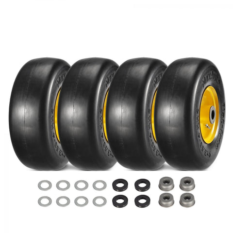 Image of MaxAuto 4 Pcs 9x3.50-4"Flat Free Tire on Wheel for Zero Turn Mower, 3.5" Centered Hub, 3/4" Bushings