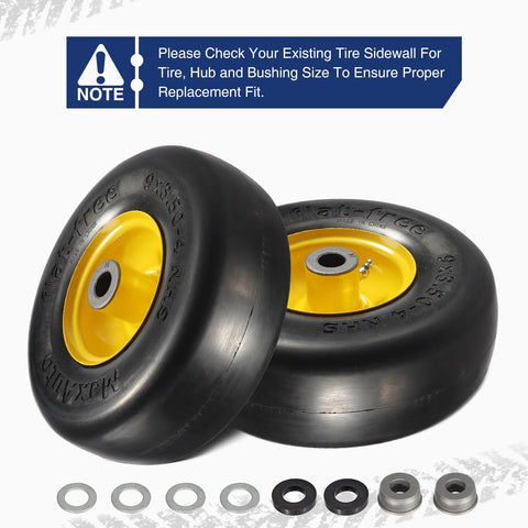 Image of MaxAuto 4 Pcs 9x3.50-4"Flat Free Tire on Wheel for Zero Turn Mower, 3.5" Centered Hub, 3/4" Bushings