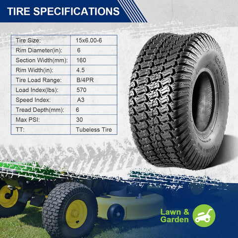 Image of MaxAuto 15x6-6 Front & 20x8-8 Rear Lawn Mower Turf Tires 4PR(2 Front Tires+2 Rear Tires)