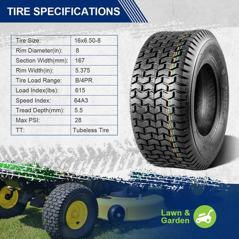 Image of MaxAuto 2 Pcs 16x6.50-8 Turf Tires for Lawn Tractor Lawn Mower Riding 4Ply Tubeless