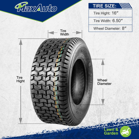 Image of MaxAuto 2 Pcs 16x6.50-8 Turf Tires for Lawn Tractor Lawn Mower Riding 4Ply Tubeless