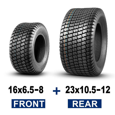 Image of Set of 4 Lawn Mower Turf Tires 16x6.5-8 Front & 23x10.5-12 Rear 4PR Tubeless