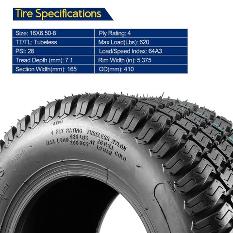 Image of Set of 4 Lawn Mower Turf Tires 16x6.5-8 Front & 23x10.5-12 Rear 4PR Tubeless