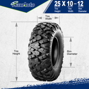 MaxAuto Set of 2 AT25x10-12 ATV UTV Mud Sand Tires,6PR, Tubeless