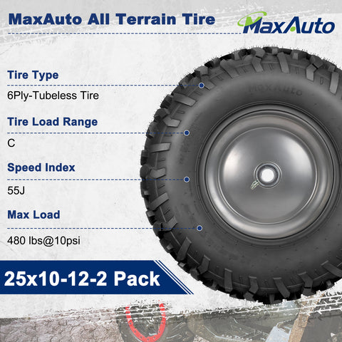 Image of MaxAuto Set of 2 AT25x10-12 ATV UTV Mud Sand Tires,6PR, Tubeless