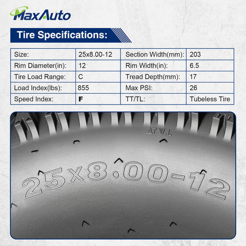 Image of MaxAuto 25x8-12 Front & 25x10-12 Rear ATV Hilly Lawn All Terrain Tires, 6Ply Tubeless Tires, 4 Pack in 4 Packages