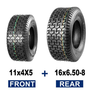 MaxAuto Set of 4 Lawn Mower Turf Tires 11x4.00-5 Front & 16x6.50-8 Rear, Tubeless