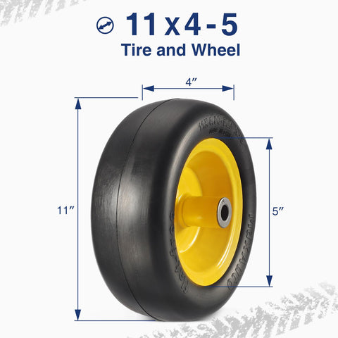 Image of MaxAuto 2 PCS 11x4.00-5" Flat Free Tire Lawn Mower Tire on Wheel, 5" Centered Hub, 3/4" Bushings, Yellow Steel