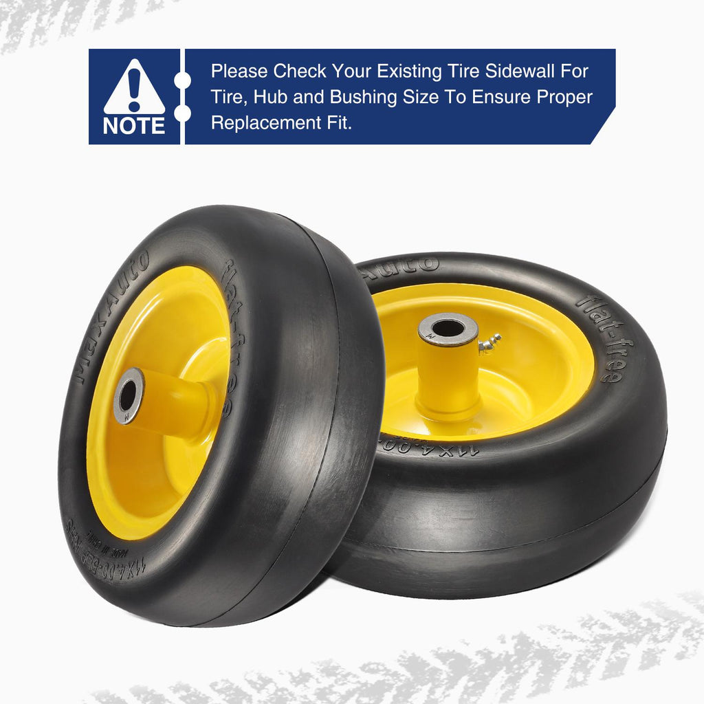 MaxAuto 2 PCS 11x4.00-5" Flat Free Tire Lawn Mower Tire on Wheel, 5" Centered Hub, 3/4" Bushings, Yellow Steel