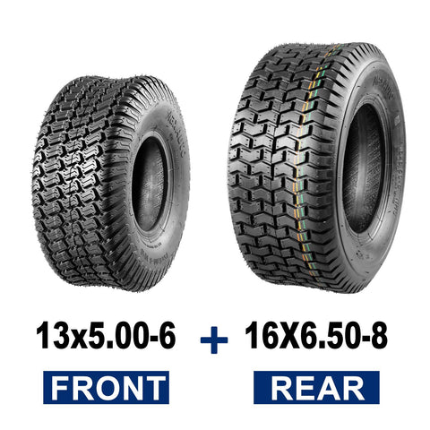 Image of MaxAuto Set of 4 Lawn Mower Turf Tires 13X5.00-6 Front & 16X6.50-8 Rear, 4PR Tubeless