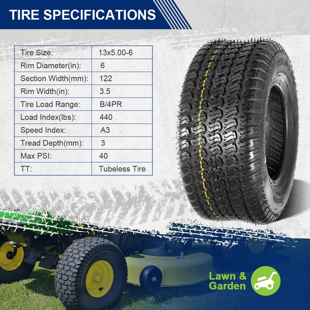 MaxAuto Set of 4 Lawn Mower Turf Tires 13X5.00-6 Front & 16X6.50-8 Rear, 4PR Tubeless