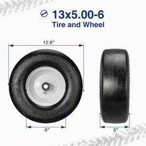MaxAuto Set of 2 13x5.00-6 Flat Free Smooth Tire w/Steel Wheel for Residential Riding Lawn Mower Garden Tractor(3.25