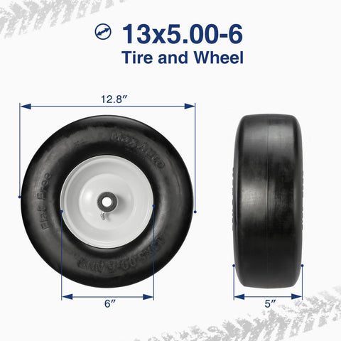 Image of MaxAuto Set of 2 13x5.00-6 Flat Free Smooth Tire w/Steel Wheel for Residential Riding Lawn Mower Garden Tractor(3.25"Centered Hub - Hub Length 3.25"-5.9" with 3/4" Sintered iron Bushing)