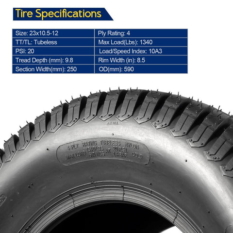 Image of Set of 4 13x5-6 Front & 23x10.5-12 Rear Lawn Mower Turf Tires,4PR,Tubeless