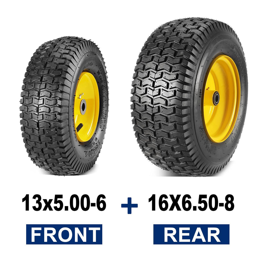 MaxAuto Set of 4 13x5.00-6 Front & 16X6.50-8 Rear Tire & Wheels 4 Ply for Lawn Riding Mowers