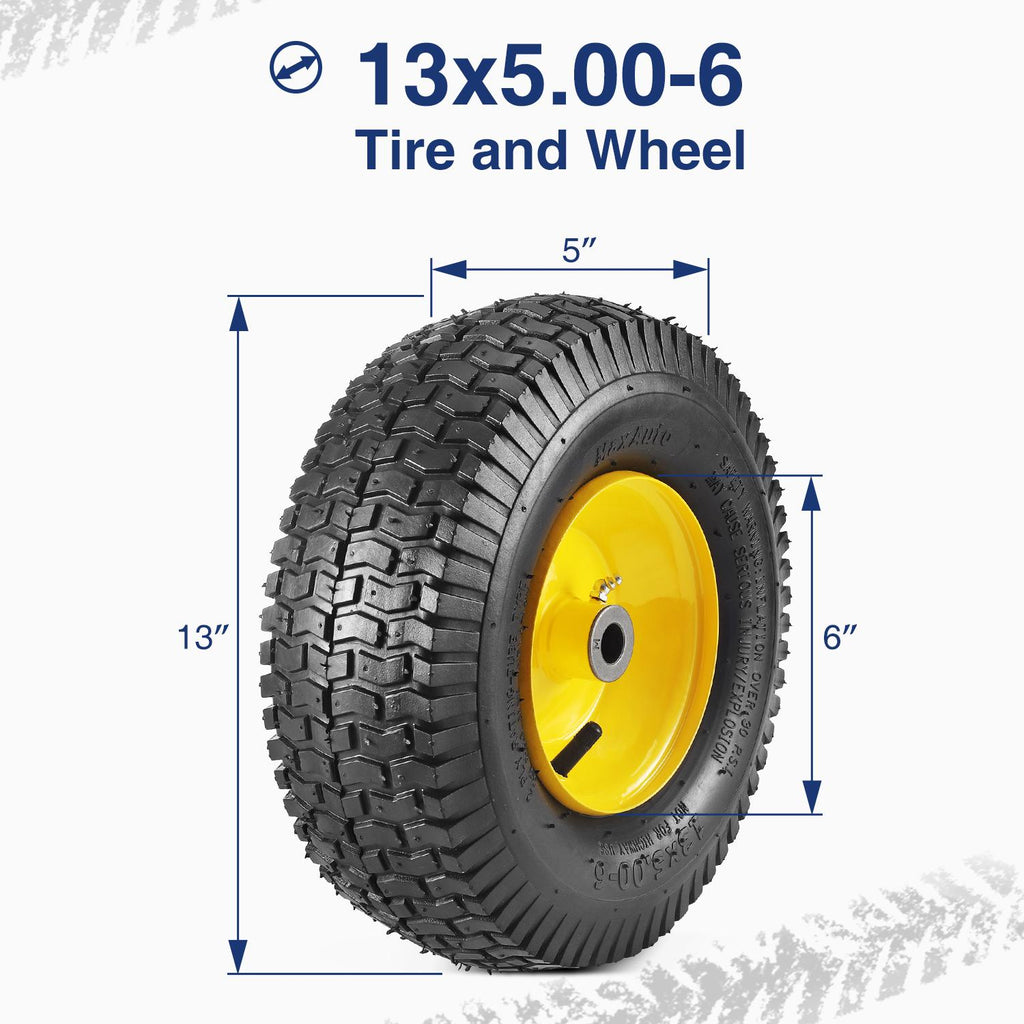 MaxAuto 2-Pack 13x5.00-6 2PLY Turf Mower Tractor Tire with Yellow Rim, (3" Centered Hub, 3/4" Bushings )