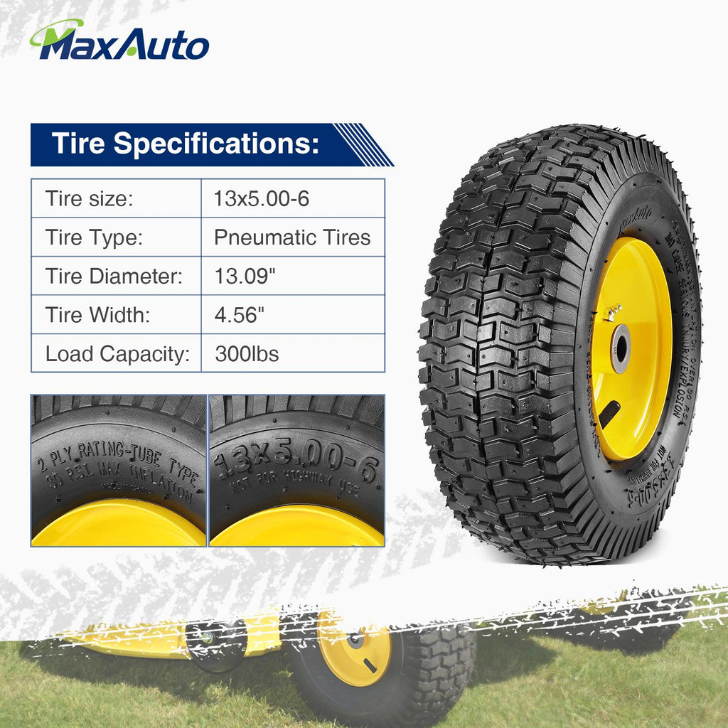 MaxAuto 2-Pack 13x5.00-6 2PLY Turf Mower Tractor Tire with Yellow Rim, (3" Centered Hub, 3/4" Bushings )