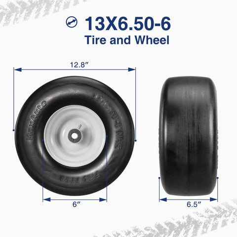 Image of MaxAuto Set of 2 13x6.50-6 Flat Free Lawn Mower Smooth Tires on Wheel for Lawn Mower Garden Tractor(4.0"Centered Hub - Hub Length 4"-7.1" with 5/8" Sintered iron Bushing)