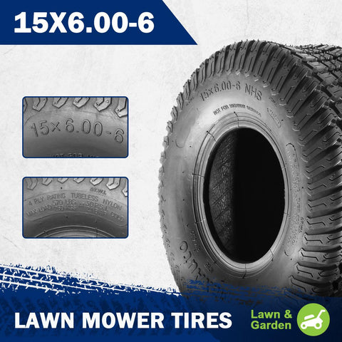 Image of MaxAuto Set of 4 Lawn Mower Turf Tires 15X6-6 Front & 18X8.50-8 Rear, 4PR Tubeless