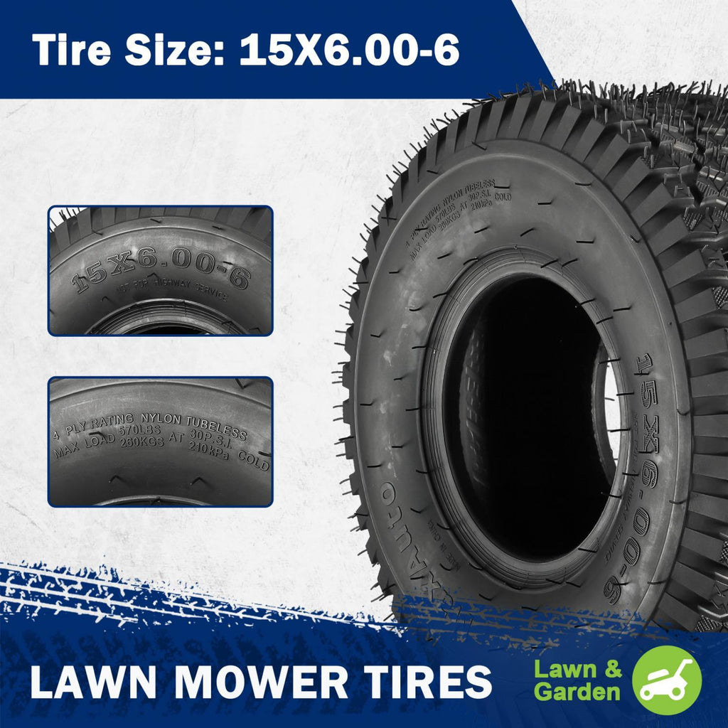 MaxAuto 15X6.00-6 15x6x6 Lawn Mower Tires 4PR, Tubeless, Set of 2