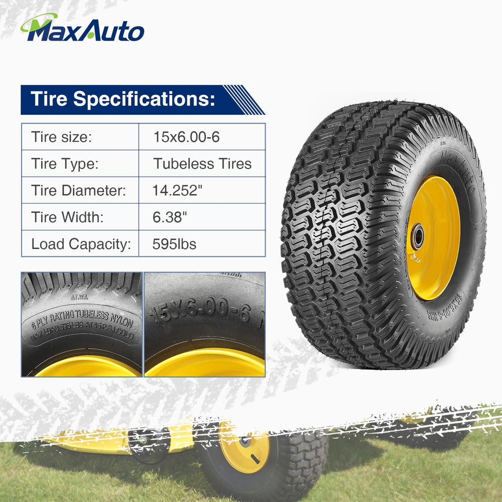 MaxAuto Set of 4 15x6-6 Front & 20x8-8 Rear Tire & Wheels 4 Ply for Lawn Riding Mowers,Offset Hub Long with 3/4" bearings