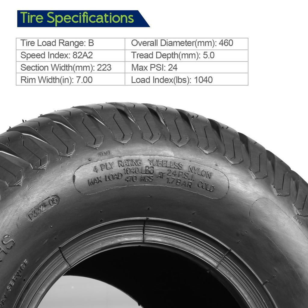 Set of 4 Lawn Mower Turf Tires 15x6-6 Front & 18x9.5-8 Rear Tractor Riding, 4PR, Tubeless