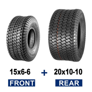 MaxAuto Set of 4 Lawn Mower Turf Tires 15x6.00-6 Front & 20x10.00-10 Rear for Lawn & Garden Mower Tractor, 4Ply Tubeless