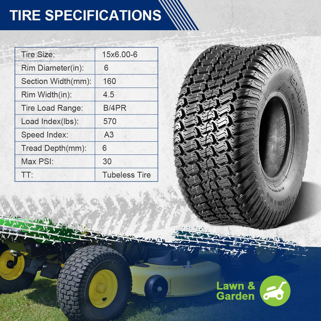 MaxAuto Set of 4 Lawn Mower Turf Tires 15x6.00-6 Front & 20x10.00-10 Rear for Lawn & Garden Mower Tractor, 4Ply Tubeless