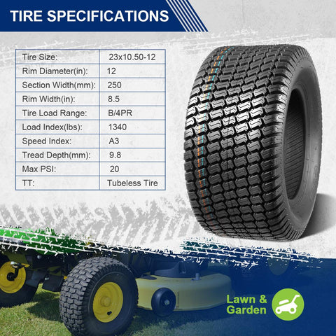 Image of MaxAuto Set of 4 Lawn Mower Turf Tires 16X7.50-8 Front & 23x10.5-12 Rear, 4PR Tubeless