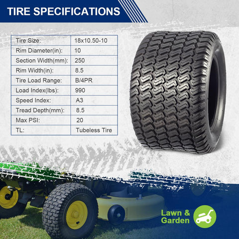 Image of MaxAuto 2Pcs Lawn & Garden Turf Tire 18x10.50-10 18x10.50x10 Tubeless 4 Ply P332