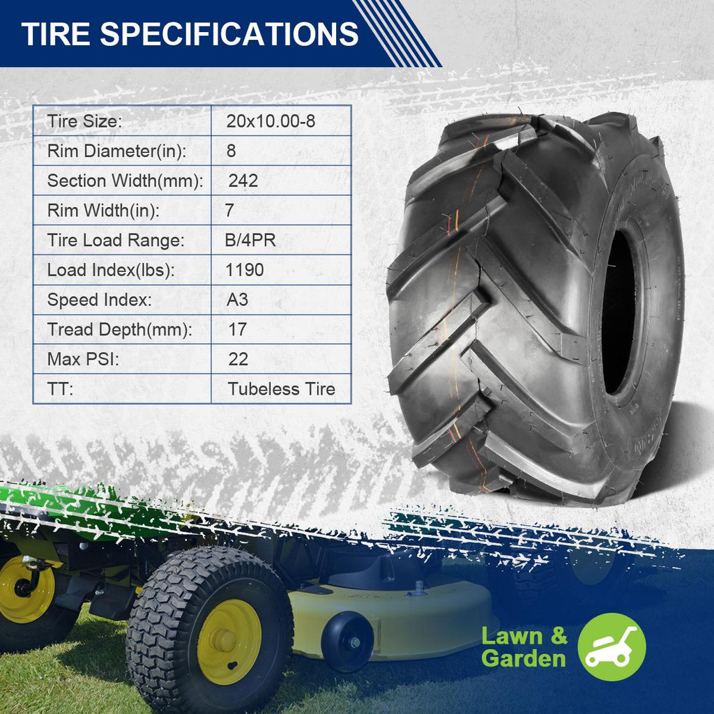 Set Of 2 Heavy Duty 20x10.00-8 Lawn Mower Tires – 4-Ply Garden & Turf Tractor Tires