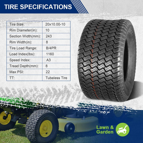 Image of MaxAuto 20x10.00-10 Turf Tires for Lawn & Garden Mower Tractor 20x10x10 20x10-10 4 Ply, Set of 2