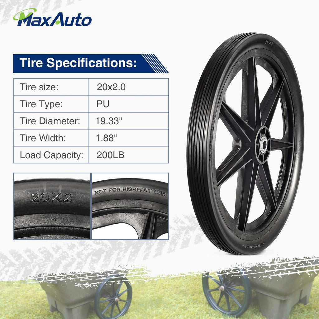 MaxAuto 20x2.0 Rim Flat Free Cart Tire Assembly for the Rubbermaid Garden Yard Cart, 2 Pack