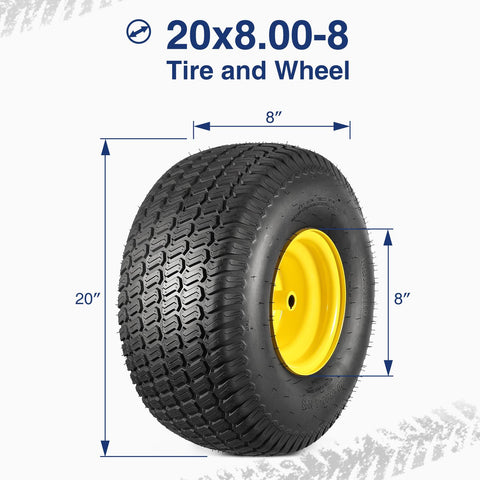 Image of MaxAuto 2 Pcs 20x8.00-8 Tires & Wheels 4 Ply for Lawn & Garden Mower Turf Tires(3.5" Offset Hub, 3/4" Bore with 3/16" Keyway)