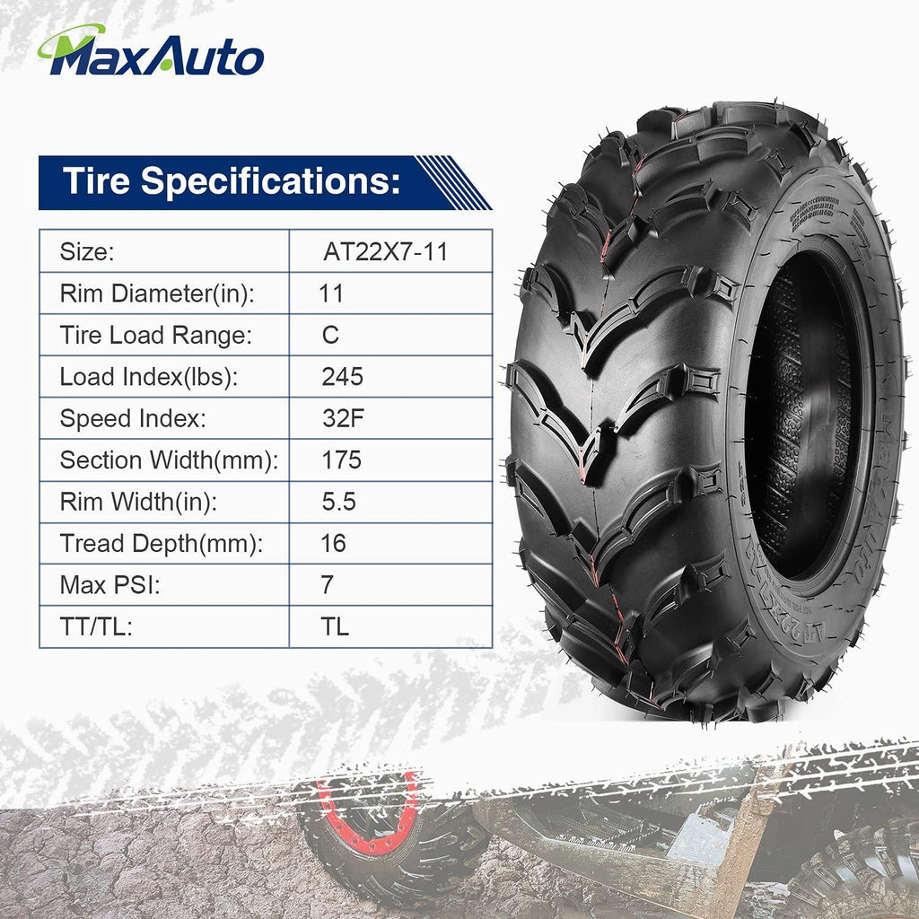 Set of 4 MaxAuto ATV/UTV Tires 22x7-11 Front & 22x10-9 Rear /6PR Tubeless