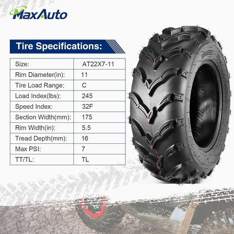 Image of Set of 4 MaxAuto ATV/UTV Tires 22x7-11 Front & 22x10-9 Rear /6PR Tubeless