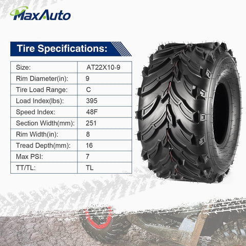 Image of Set of 4 MaxAuto ATV/UTV Tires 22x7-11 Front & 22x10-9 Rear /6PR Tubeless