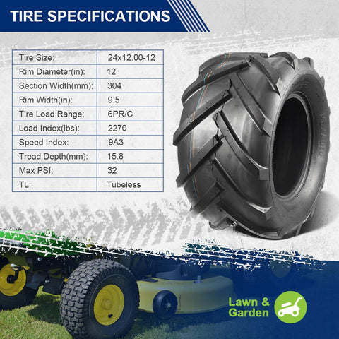Image of MaxAuto 2 Pcs Super Lug 24x12.00-12 24X12.00X12 Lawn Tractor Tires Very Wide 6 Ply Rated