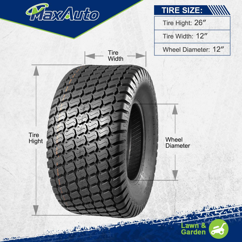 Set of 2 MaxAuto 26x12-12 26x12x12 Turf Tires for Lawn & Garden Mower,4 Ply Tubeless