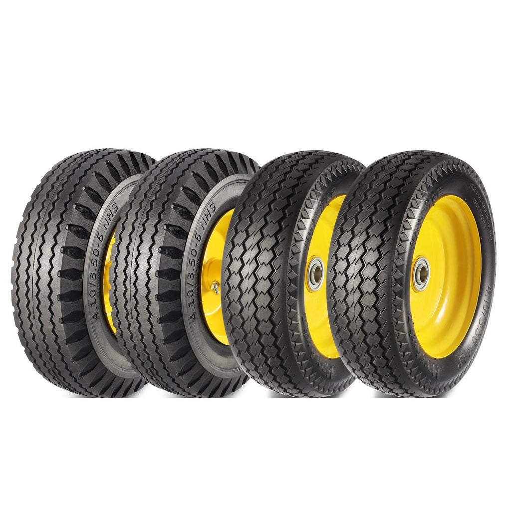 MaxAuto Set of 4 4.10/3.50-4 Front & 4.10/3.50-6 Rear Tire & Wheels for Hand Trucks and Garden Cart