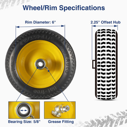 Image of MaxAuto 2 PCS 4.10/3.50-4" Flat Free Tire Fit Hand Truck All Purpose Utility Tire,2.25" offset Hub, 5/8" Bushings, Yellow Steel